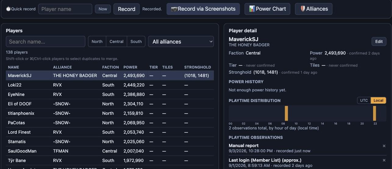Player detail after a quick record, showing two observations