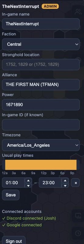Account menu showing profile fields
