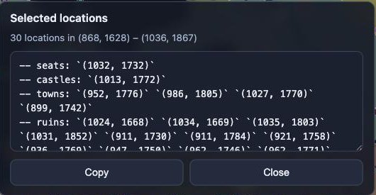 Selected locations dialog listing many coordinates